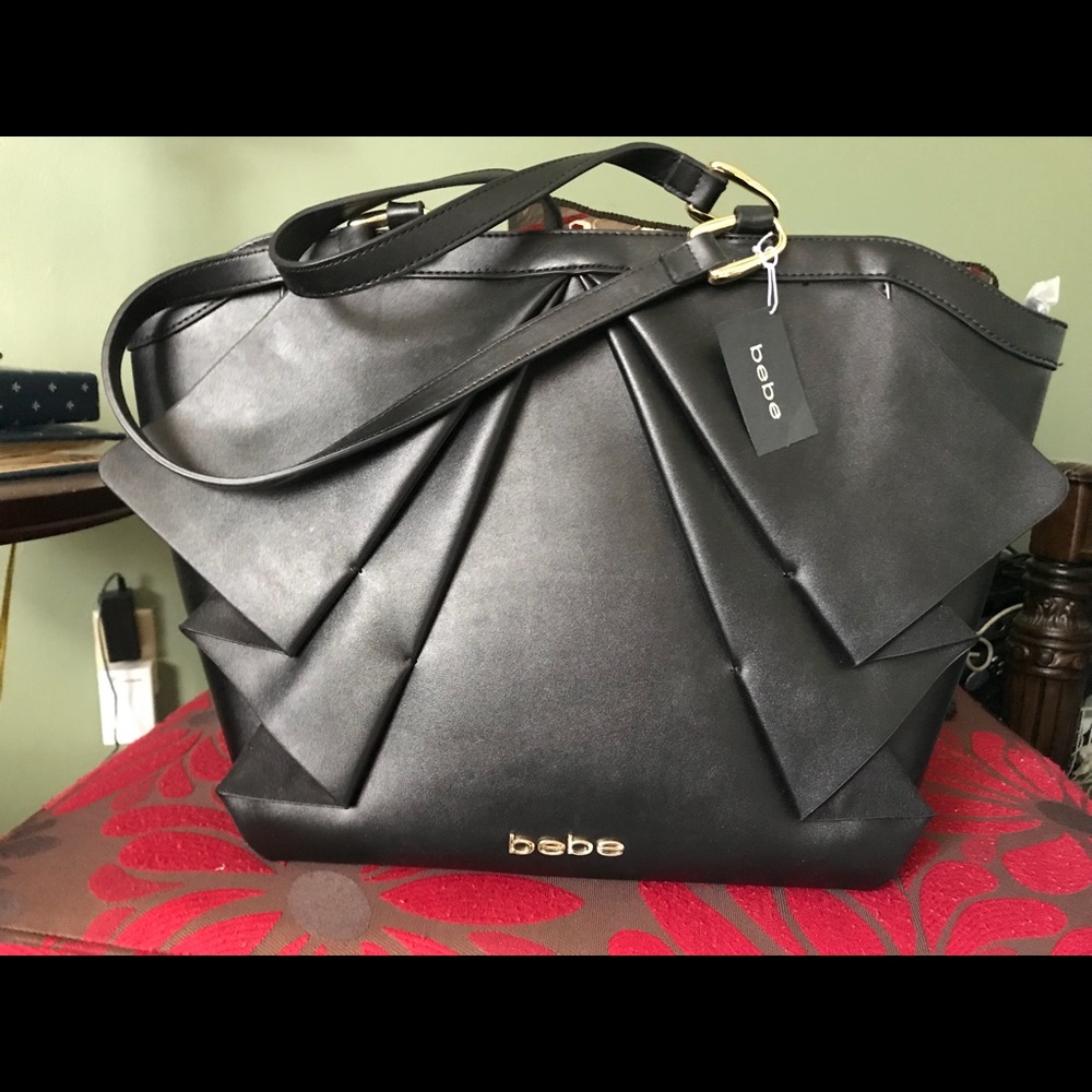 NWT extra large BeBe leather black fanned purse